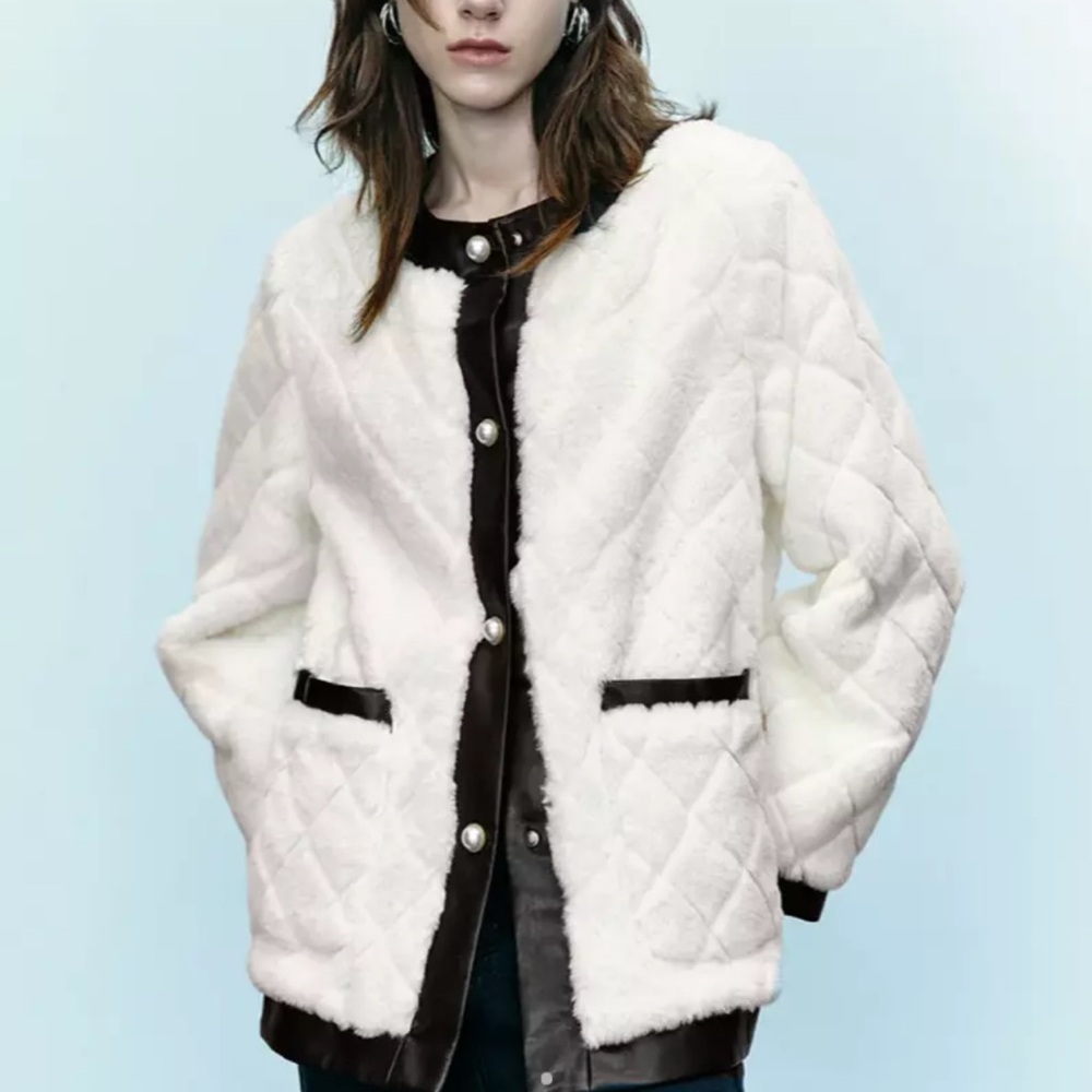 Urban Revivo Crew Neck Furry Straight Faux Fur Pearl Coat White Womens Small